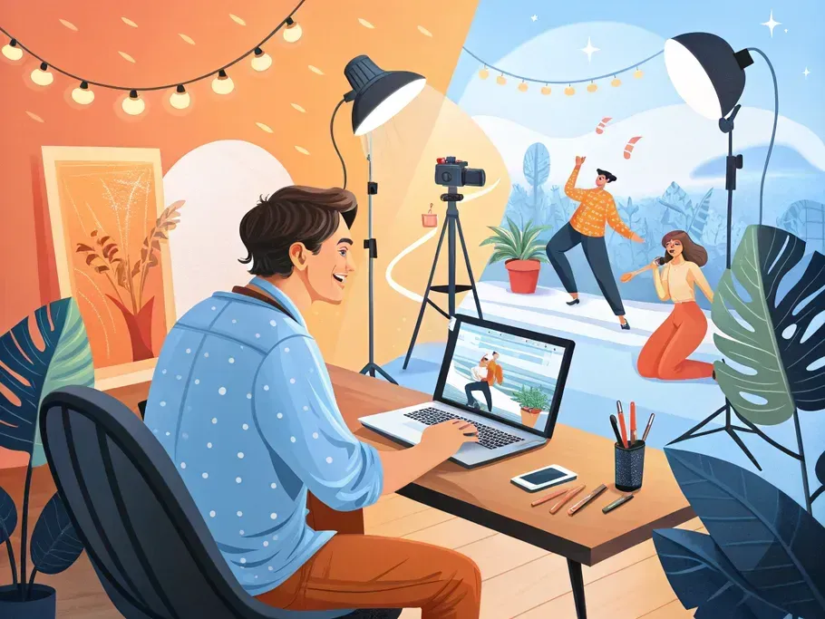 Illustration of a virtual studio setup with a photographer managing a photoshoot remotely while clients pose in a vibrant setting