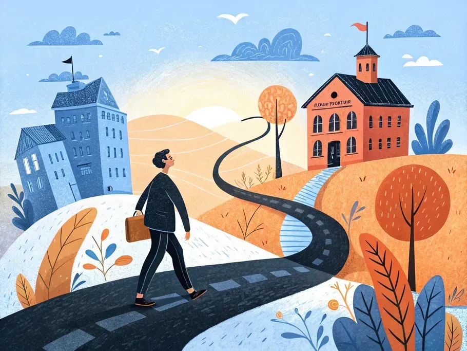 Illustration of a man walking on a path towards two educational buildings symbolizing the journey of entrepreneurship and project-based learning