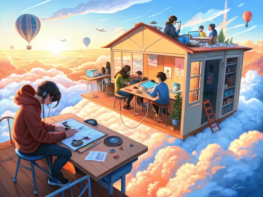 Animated students engaged in project-based learning on a floating classroom above the clouds, symbolizing innovation in edtech startups like Buildspace