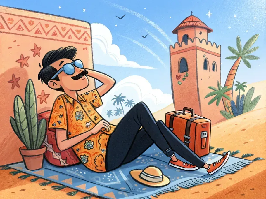 Illustration of a relaxed man reclining near a Moroccan architectural tower, symbolizing founder retreat and recovery