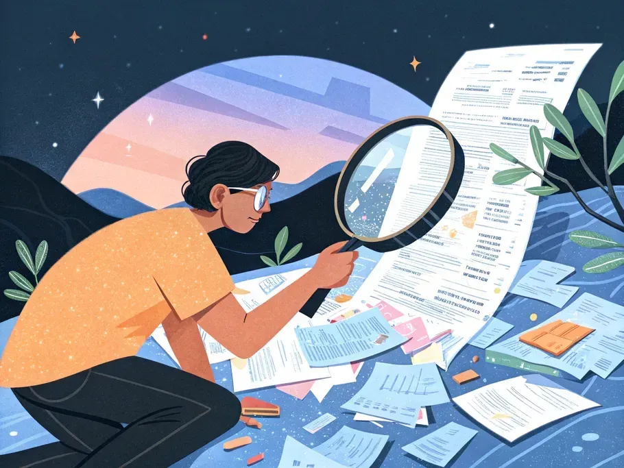 Young woman analyzing documents with a magnifying glass, surrounded by papers and stars, against a night sky backdrop