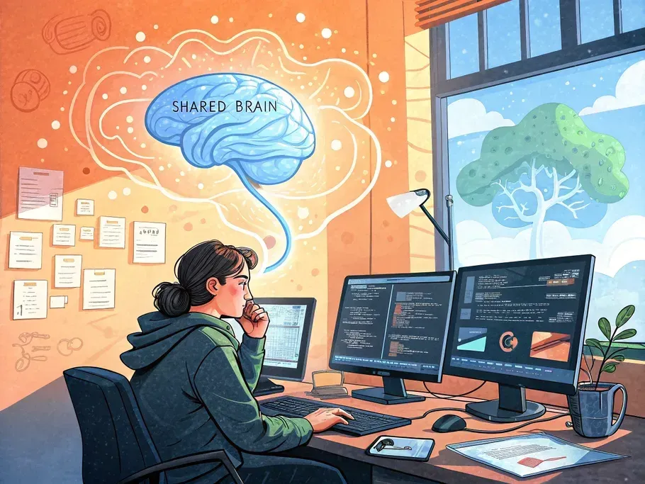 Illustration of a female developer at a workspace with a conceptual brain cloud labeled 'SHARED BRAIN' symbolizing AI-driven knowledge sharing