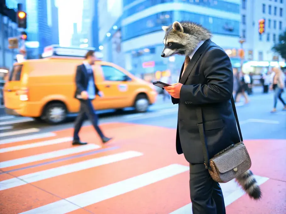 A whimsical image of a raccoon in a business suit using a smartphone while crossing a busy city street