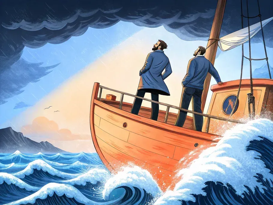 Two co-founders on a ship navigating through stormy seas, symbolizing the challenges and teamwork in startup management