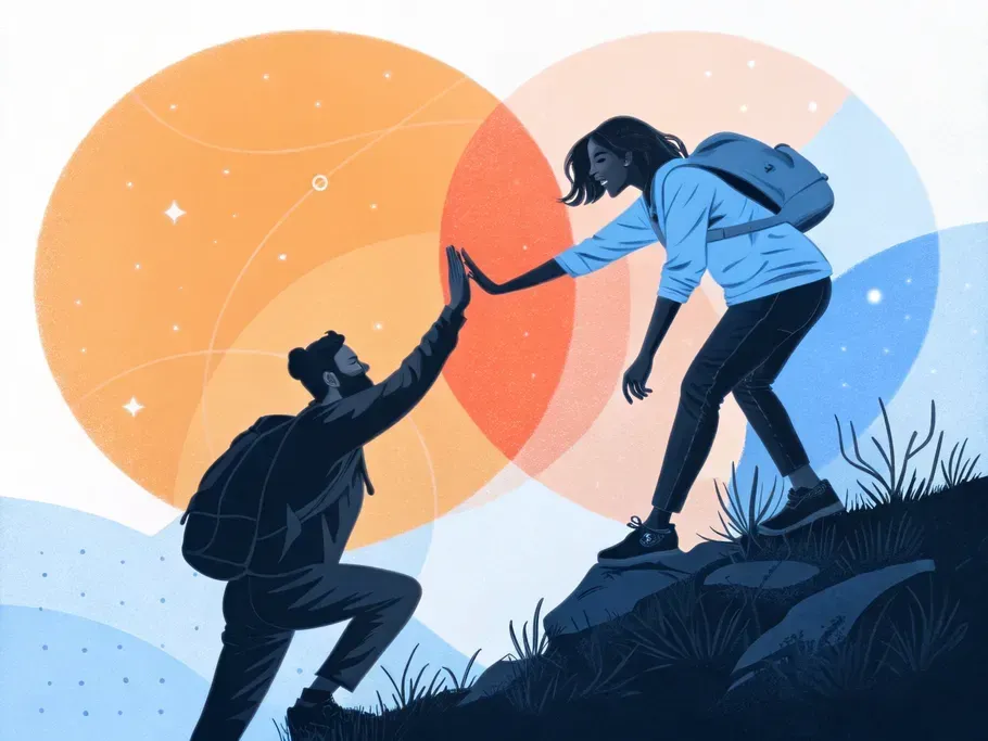 Illustration of two potential co-founders, one helping the other climb a hill, symbolizing support and partnership in startup environments