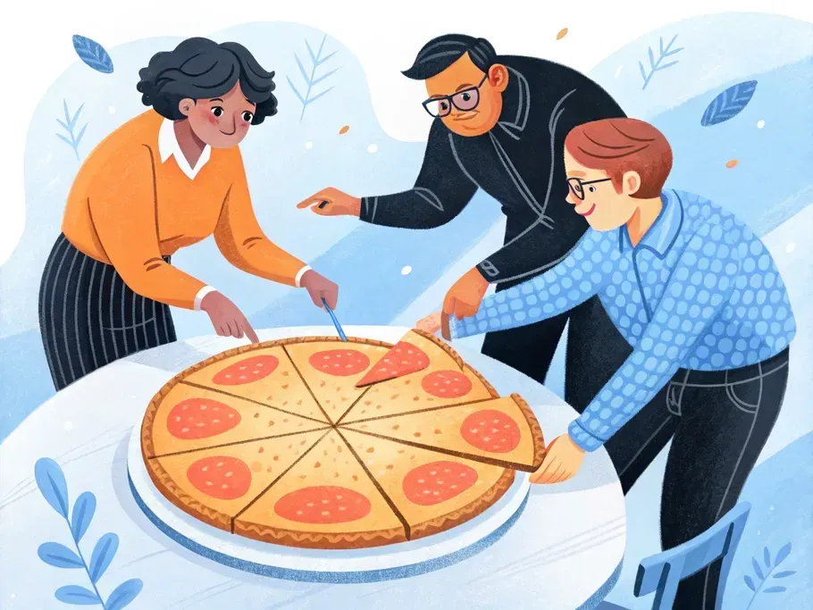 Three people collaboratively cutting a large pizza into equal slices, symbolizing fair equity division in startups