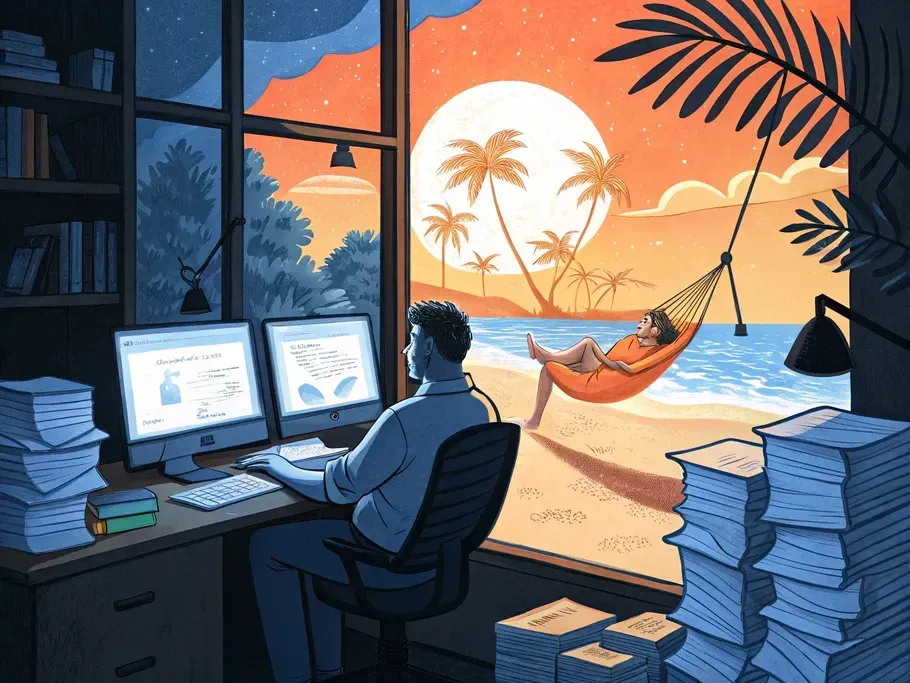 Illustration of a man at a desk with multiple computer screens, viewing a tropical beach scene with a person relaxing in a hammock under palm trees.