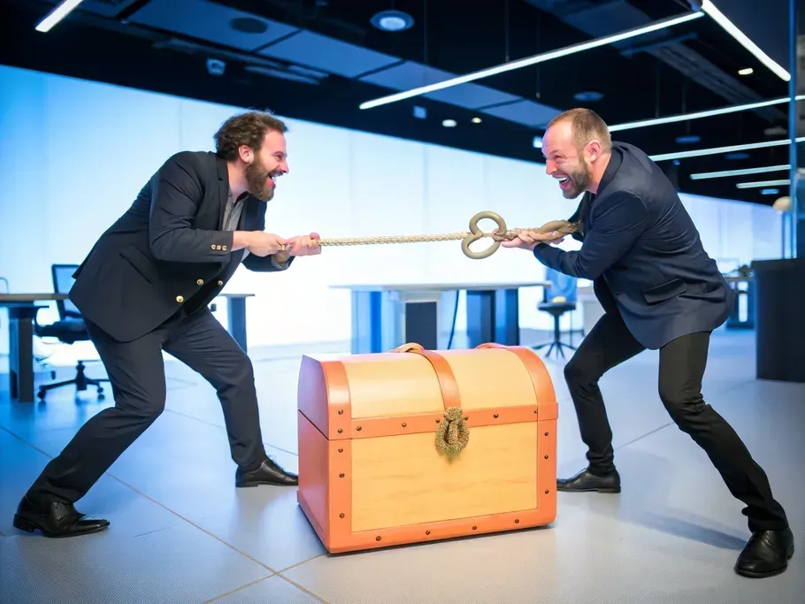 Two businessmen in a tug-of-war over a large treasure chest in a modern office setting