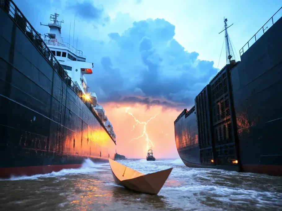 Paper boat amidst turbulent waters between two cargo ships under a stormy sky with lightning