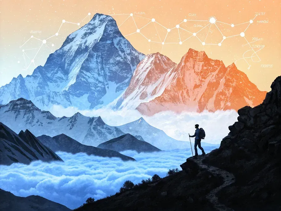 Explorer on a mountain path looking towards peaks overlaid with analytical graphs, symbolizing strategic exploration in competitive SaaS landscapes