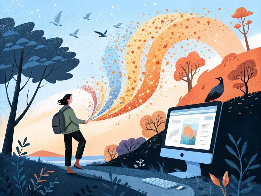 Illustration of a person with a laptop generating vibrant streams of data, symbolizing innovation in SaaS sales and product-led growth