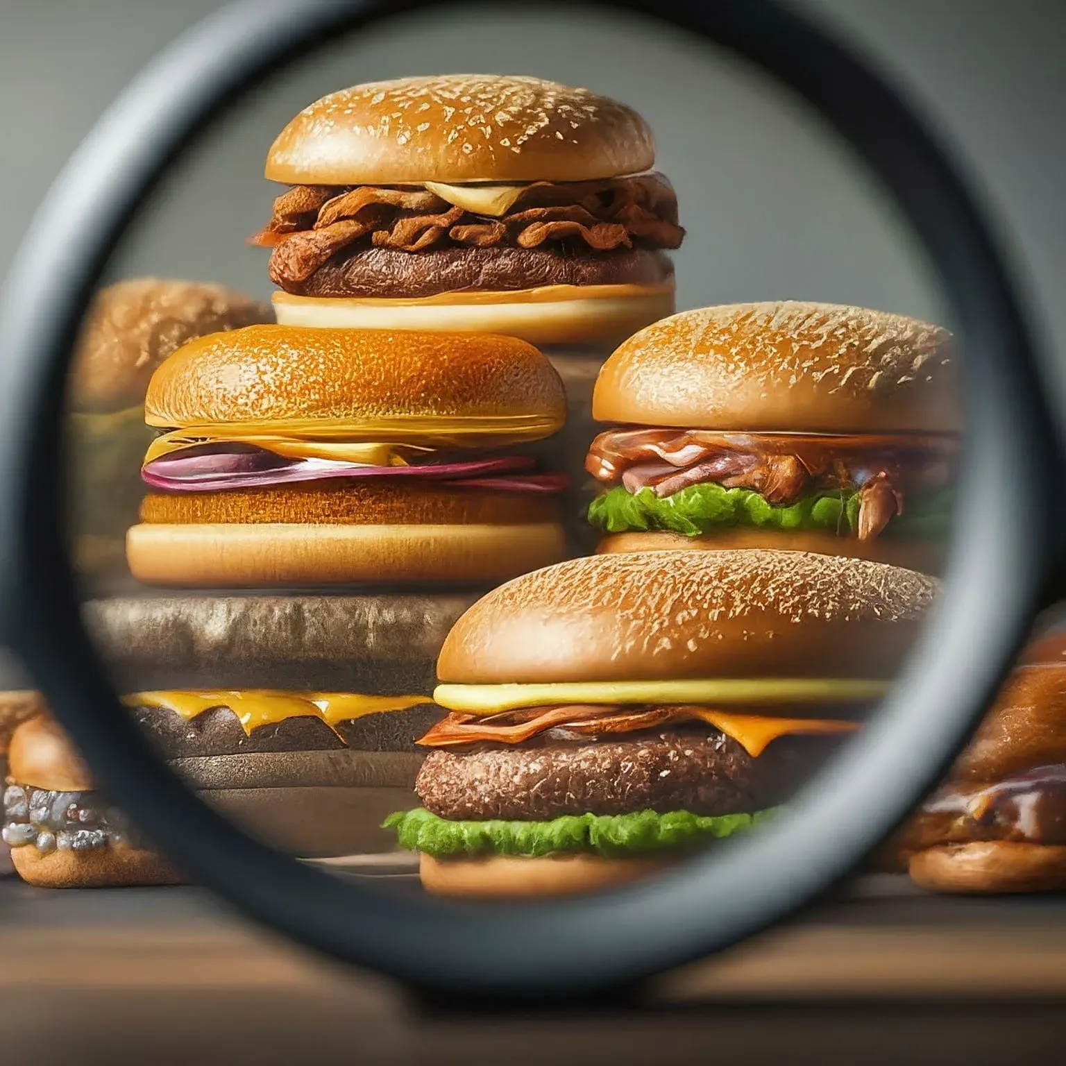 Variety of hamburgers magnified through a lens, symbolizing the focus on niche market products.