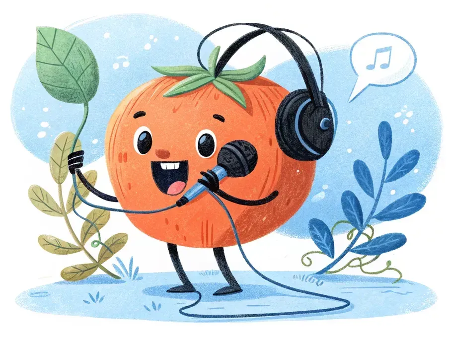 Animated tomato character wearing headphones and holding a microphone, symbolizing voice AI technology in call centers