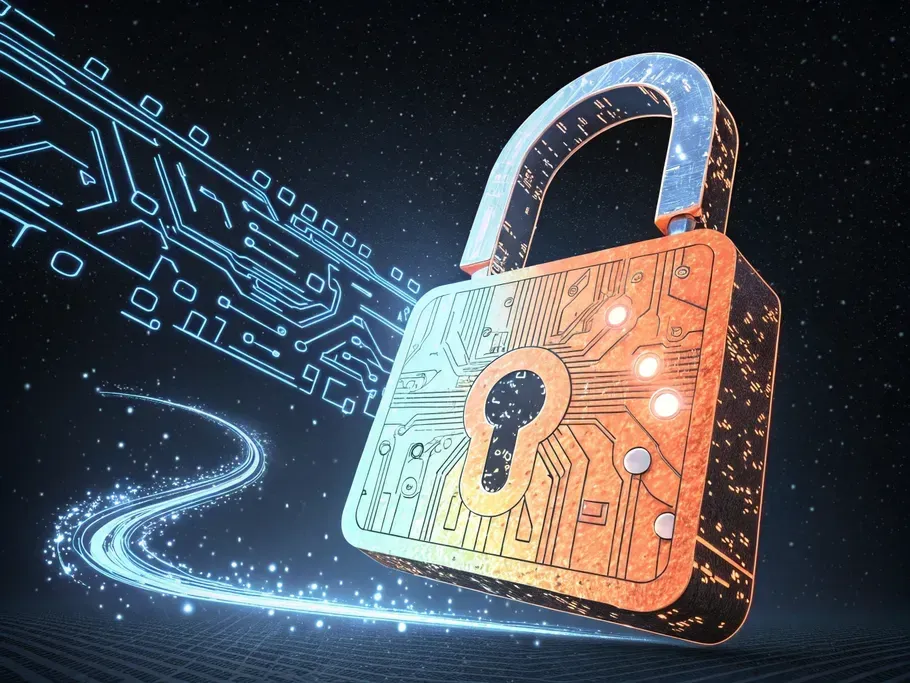 Digital art depicting a glowing padlock integrated with circuit board elements, symbolizing cybersecurity solutions