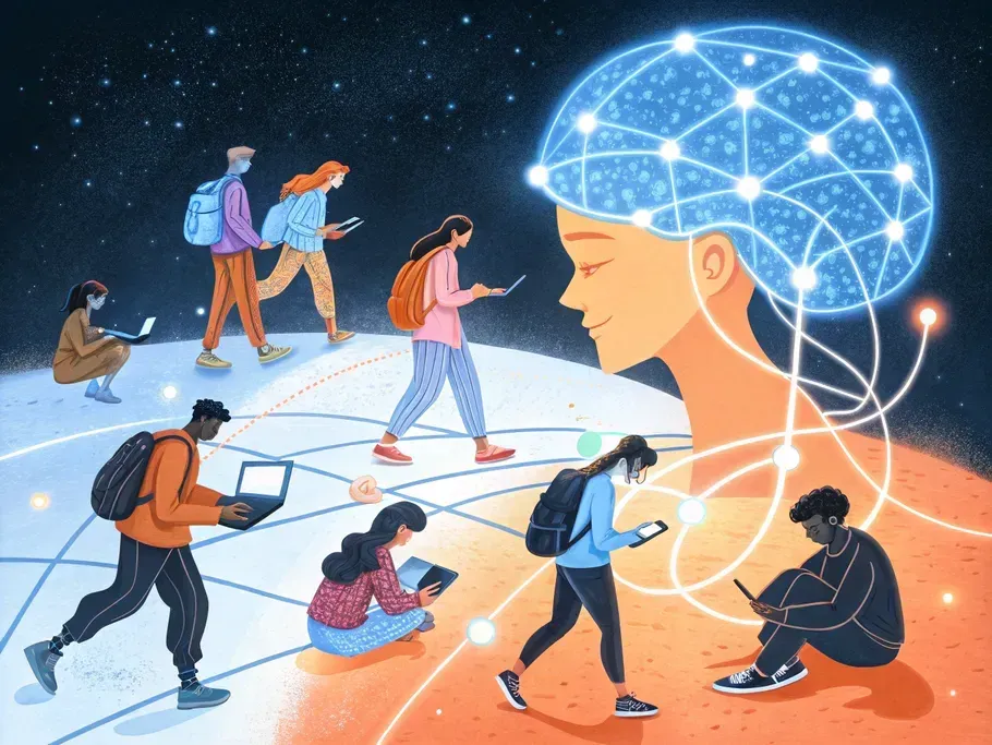Illustration of diverse students connected through digital pathways to a central brain, symbolizing networked learning