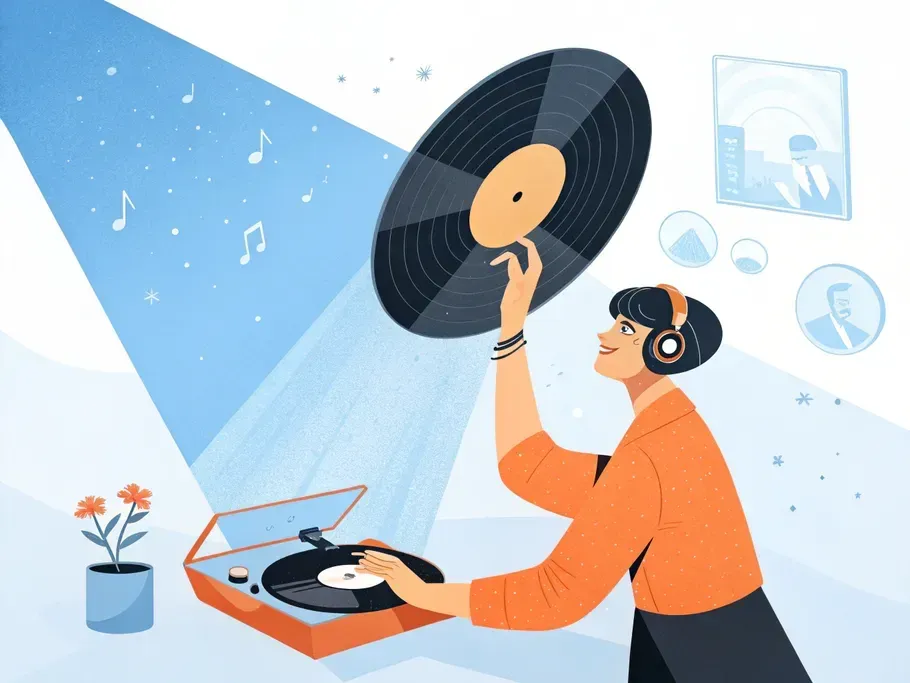 A woman engaging with music through a vinyl record and turntable illustrating digital music distribution concepts