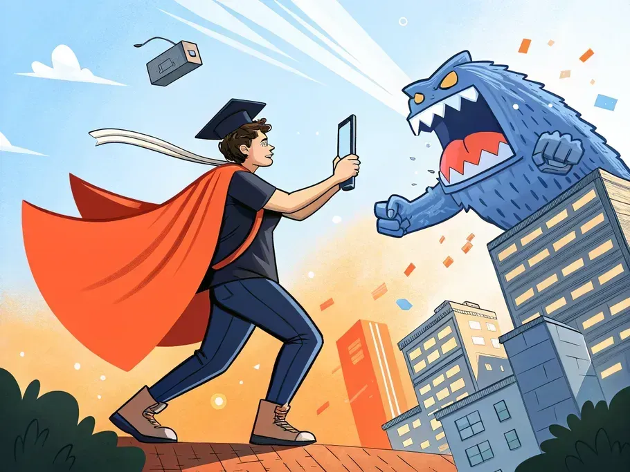 Illustration of a graduate confronting a giant monster symbolizing challenges in the startup environment