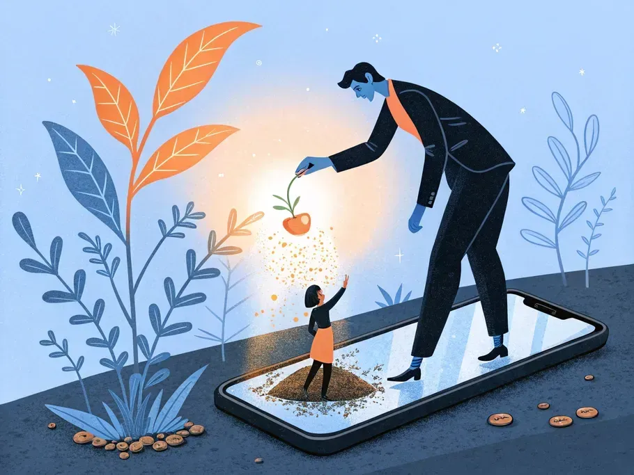 Illustration of a small figure receiving a seedling from a larger figure, representing mentorship and growth in entrepreneurship