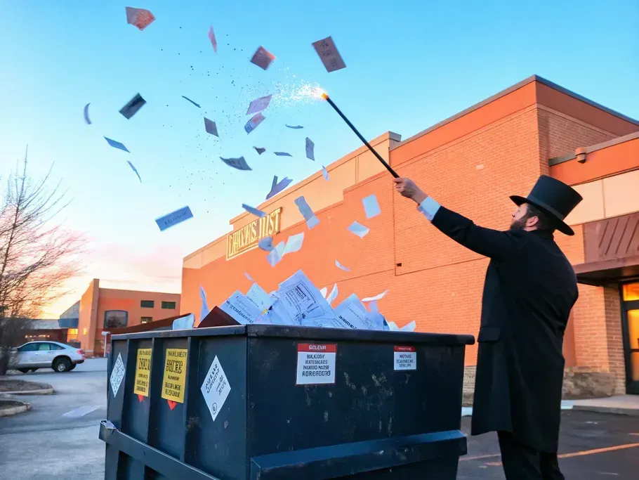 Magician waving a wand releasing papers from a dumpster, symbolizing innovative e-commerce solutions in inventory management