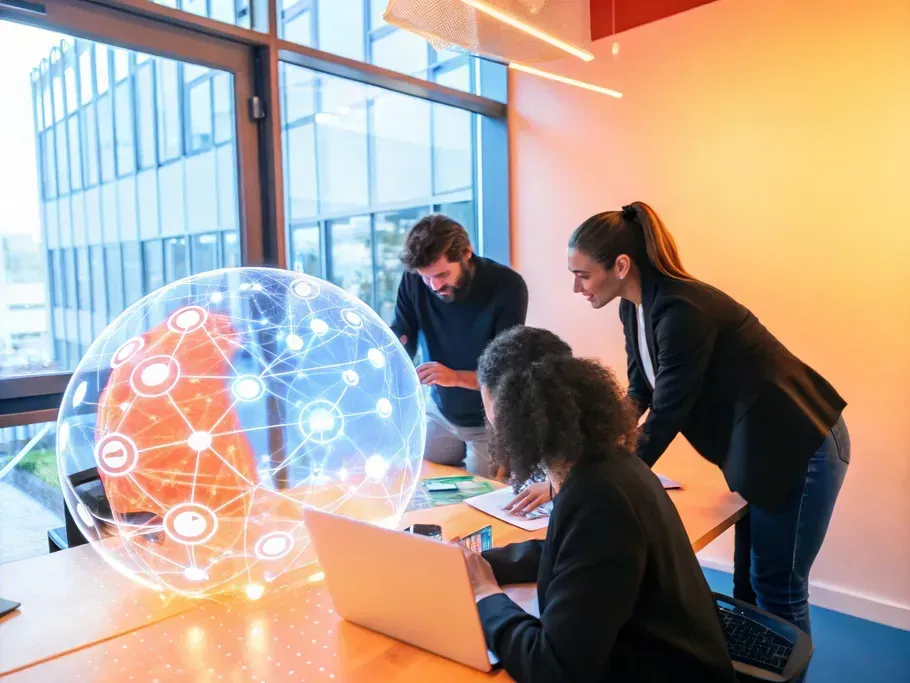 Three professionals analyzing data-driven insights on a digital globe interface in a modern office setting