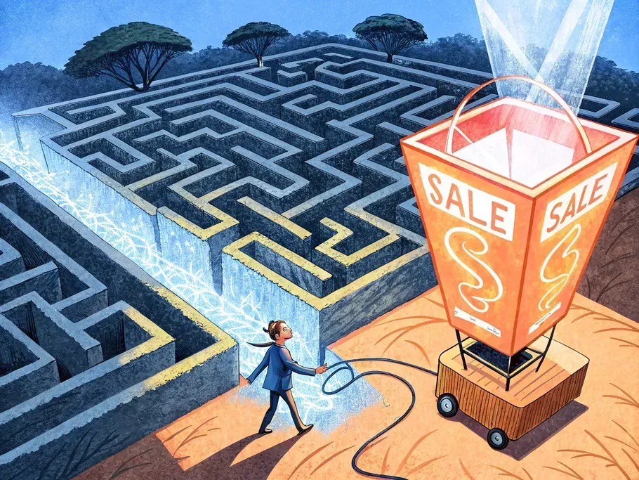 Business professional navigating a maze towards a large 'SALE' lantern, symbolizing innovative sales strategies in B2B environments