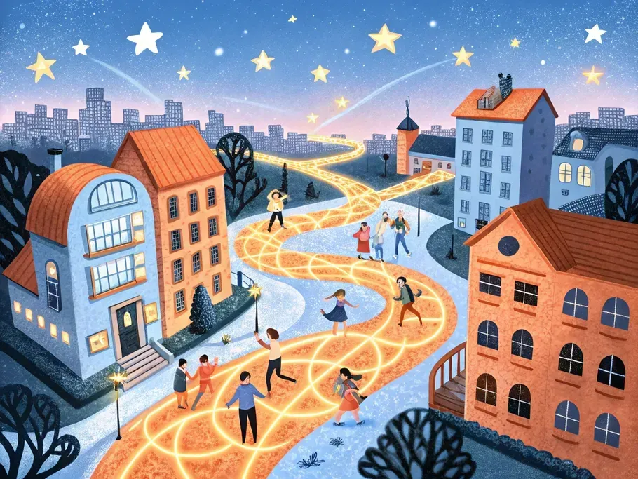 Illustration of a vibrant community engaged in various outdoor activities with glowing paths connecting them, set against a backdrop of city skyline and stars.