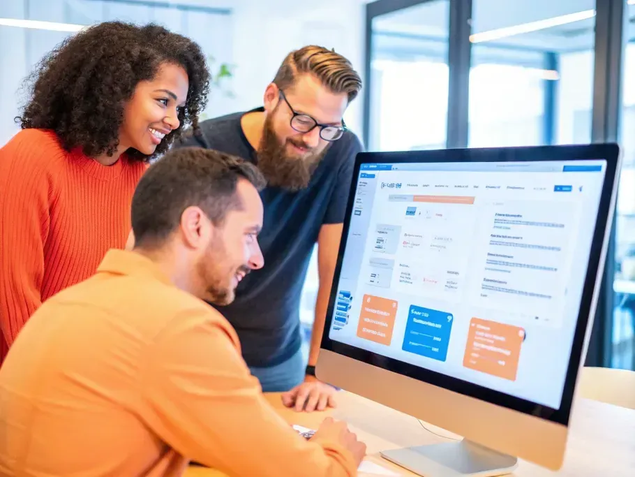 Three professionals discussing an interactive onboarding platform on a computer screen