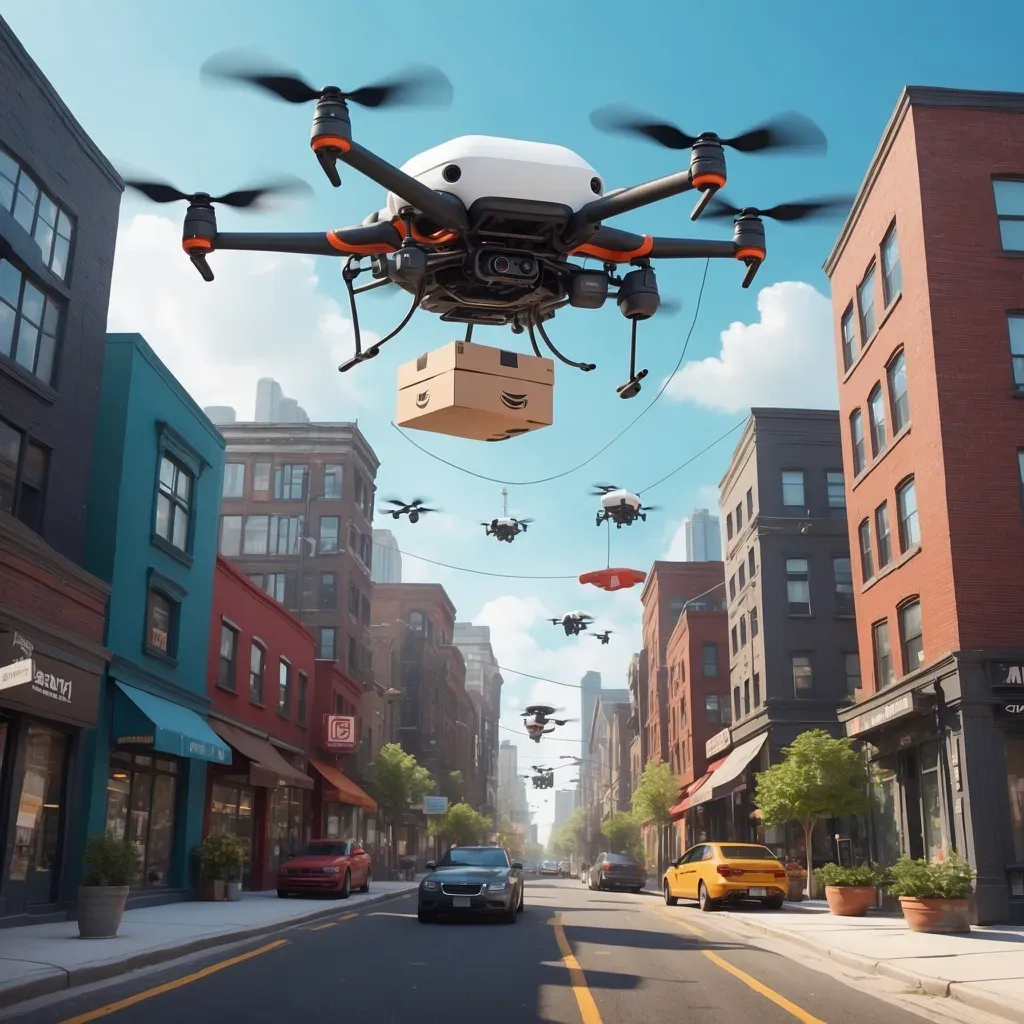 Animated depiction of multiple drones delivering packages in a bustling city street, representing Amazon's drone delivery innovation.