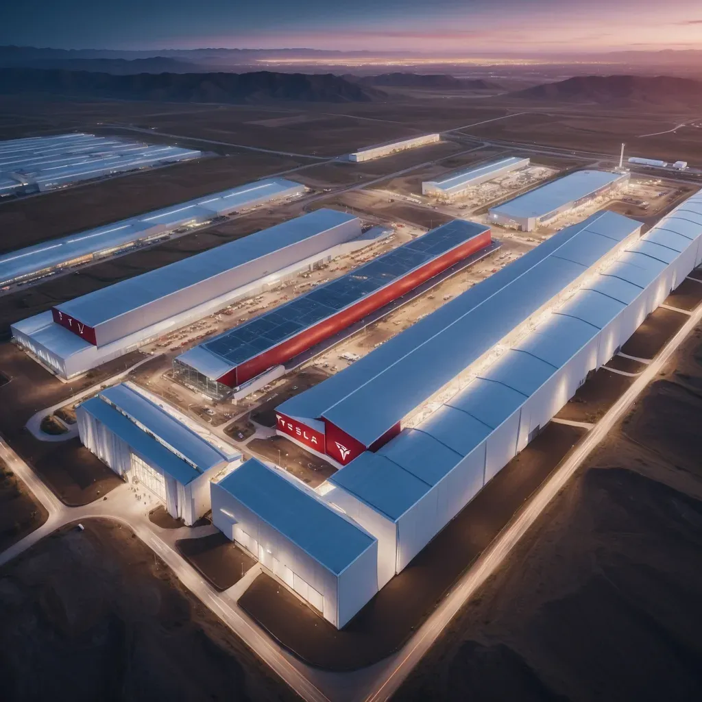 Aerial view of a vast Tesla Gigafactory complex at dusk, highlighting its large industrial buildings and sophisticated layout