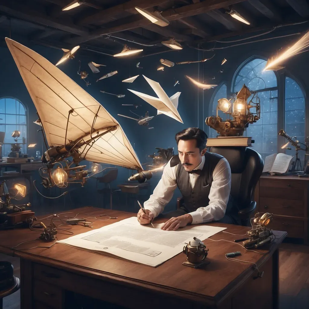 Illustration of an inventor in a vintage workshop, surrounded by flying paper airplanes and a large glider model, symbolizing innovation and the patent strategy of Tesla