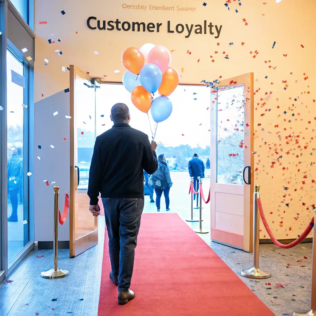 Man holding balloons walking on a red carpet inside a store during a customer loyalty event