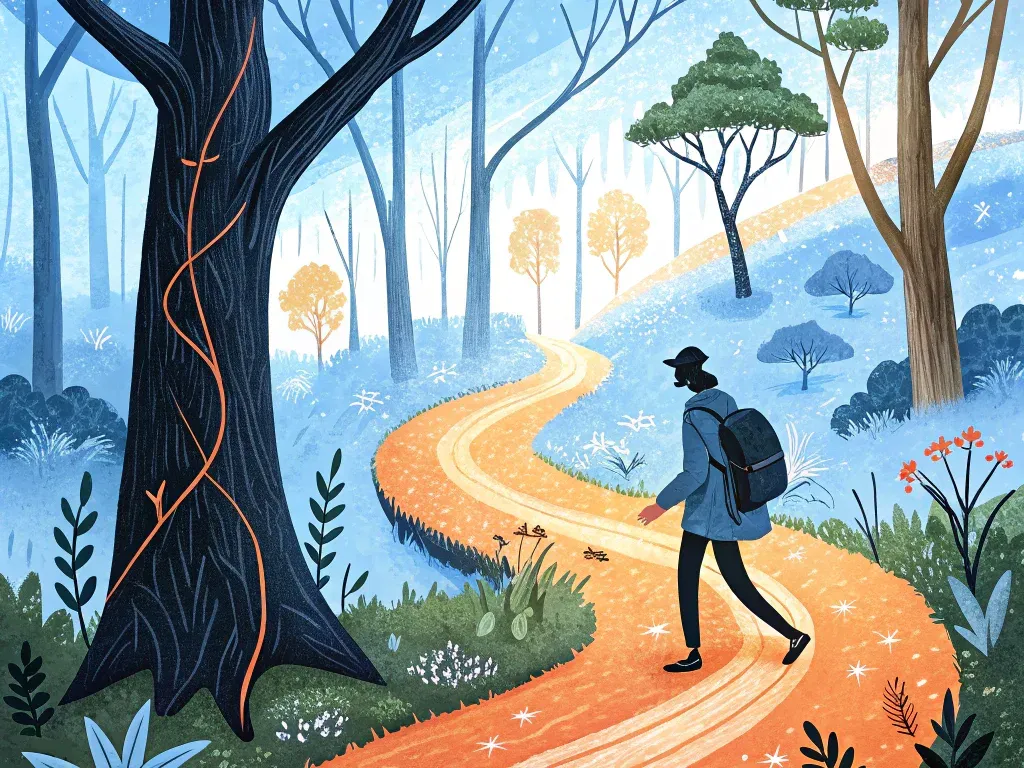 Illustration of a person walking on a winding path through a vibrant forest, symbolizing the customer journey in product management