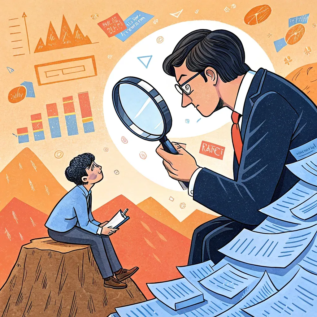 Illustration of a giant businessman using a magnifying glass to closely examine a smaller person sitting on a stump with marketing diagrams in the background