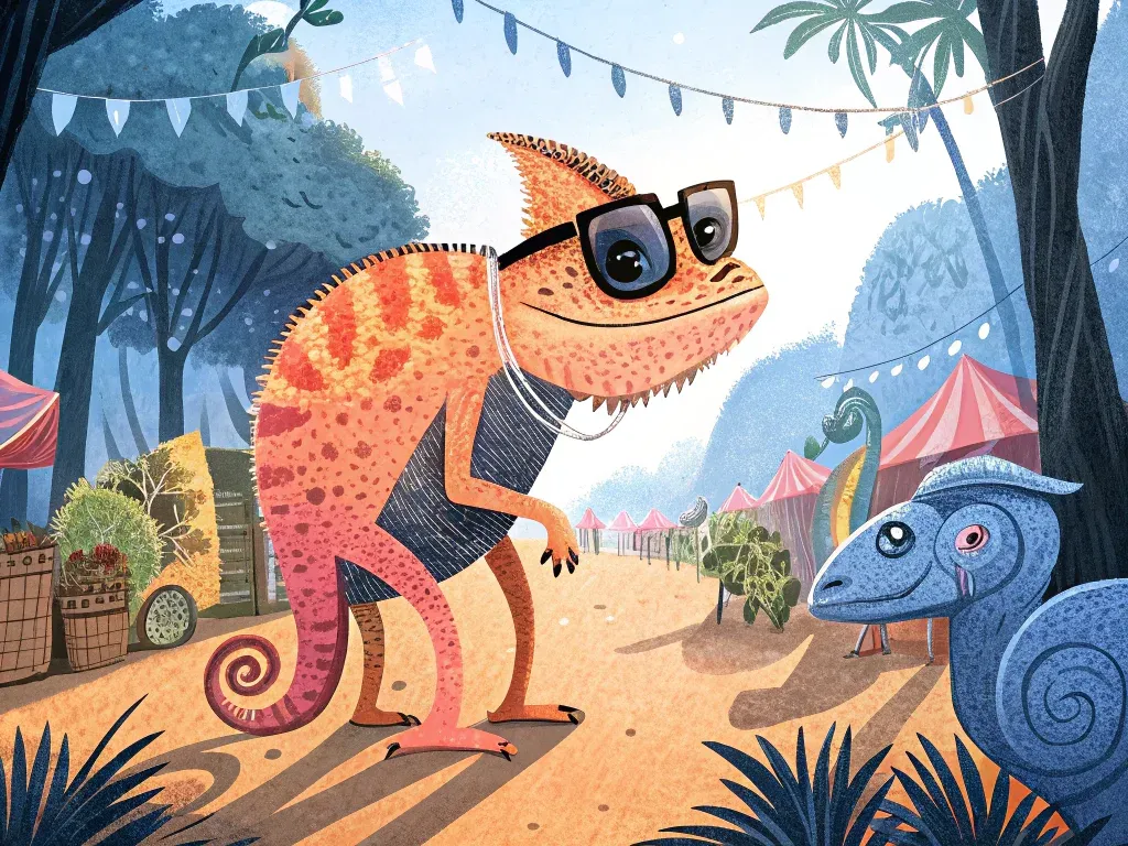 Illustration of a chameleon wearing glasses, interacting in a lively marketplace