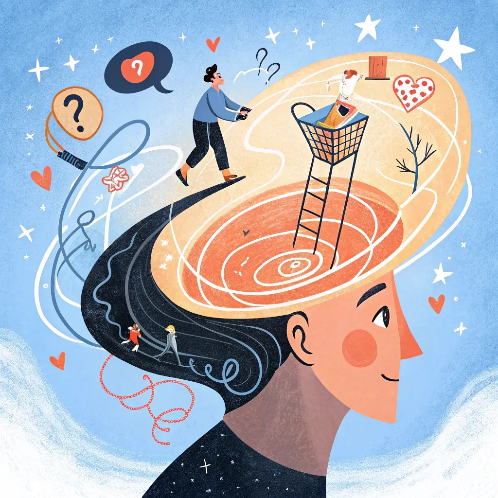 Illustration of a person's head with sections depicting different stages of the customer journey mapped inside