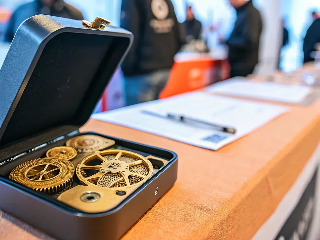 Intricate gears displayed in an open box on a business conference table, symbolizing marketing tools and strategy