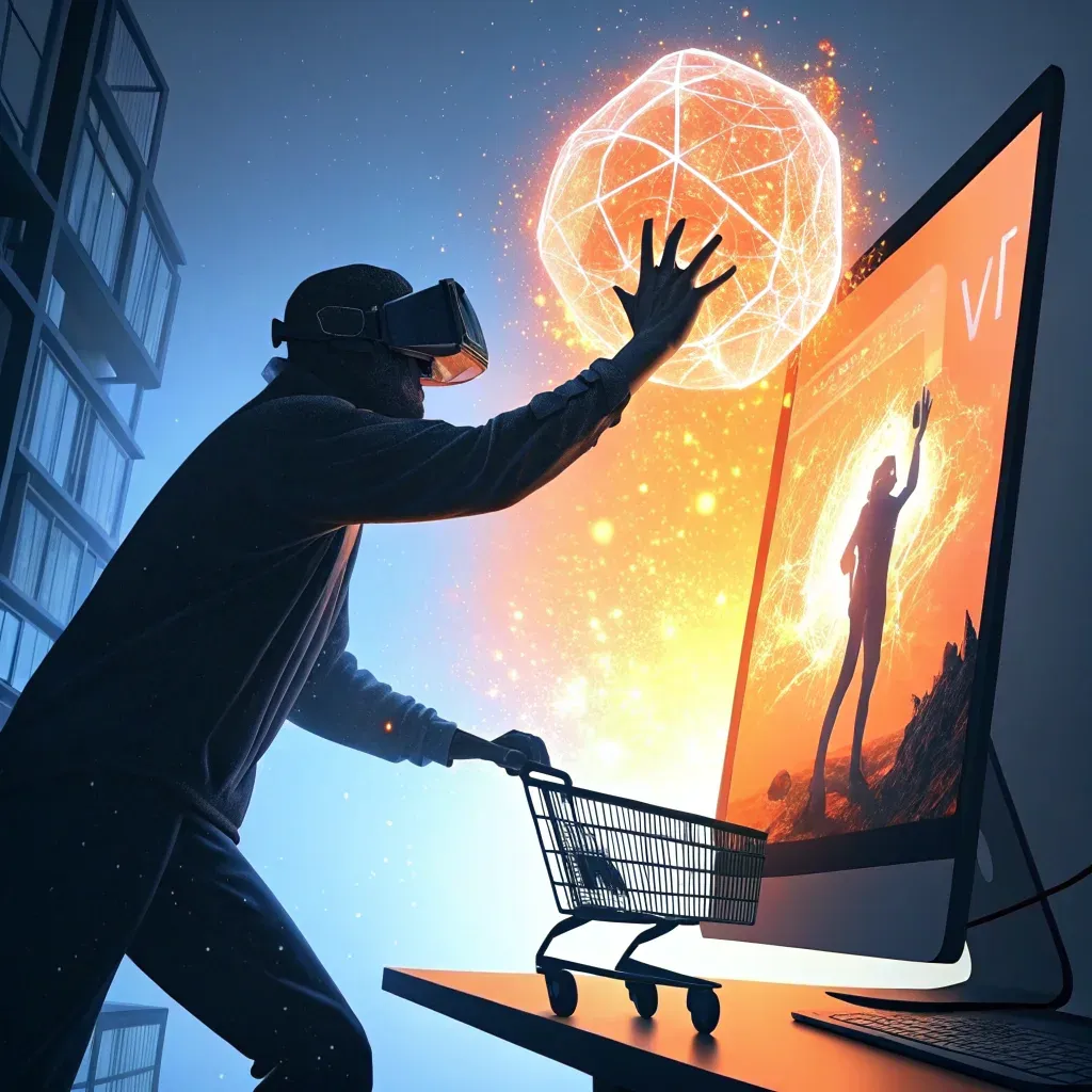 Man using virtual reality to interact with a dynamic digital interface displayed on a large monitor, symbolizing advanced digital marketing strategies