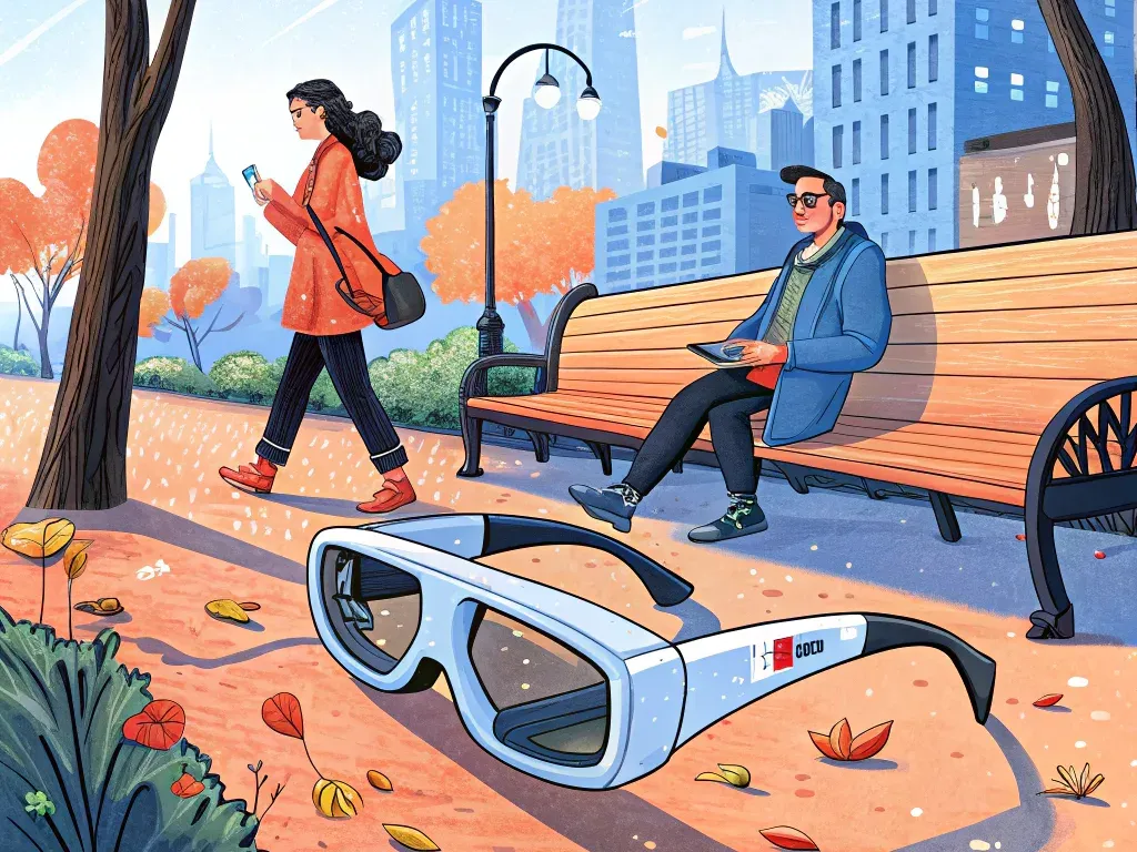 Illustrative image of Google Glass in a city park setting, depicting its use in daily life with urban backdrop