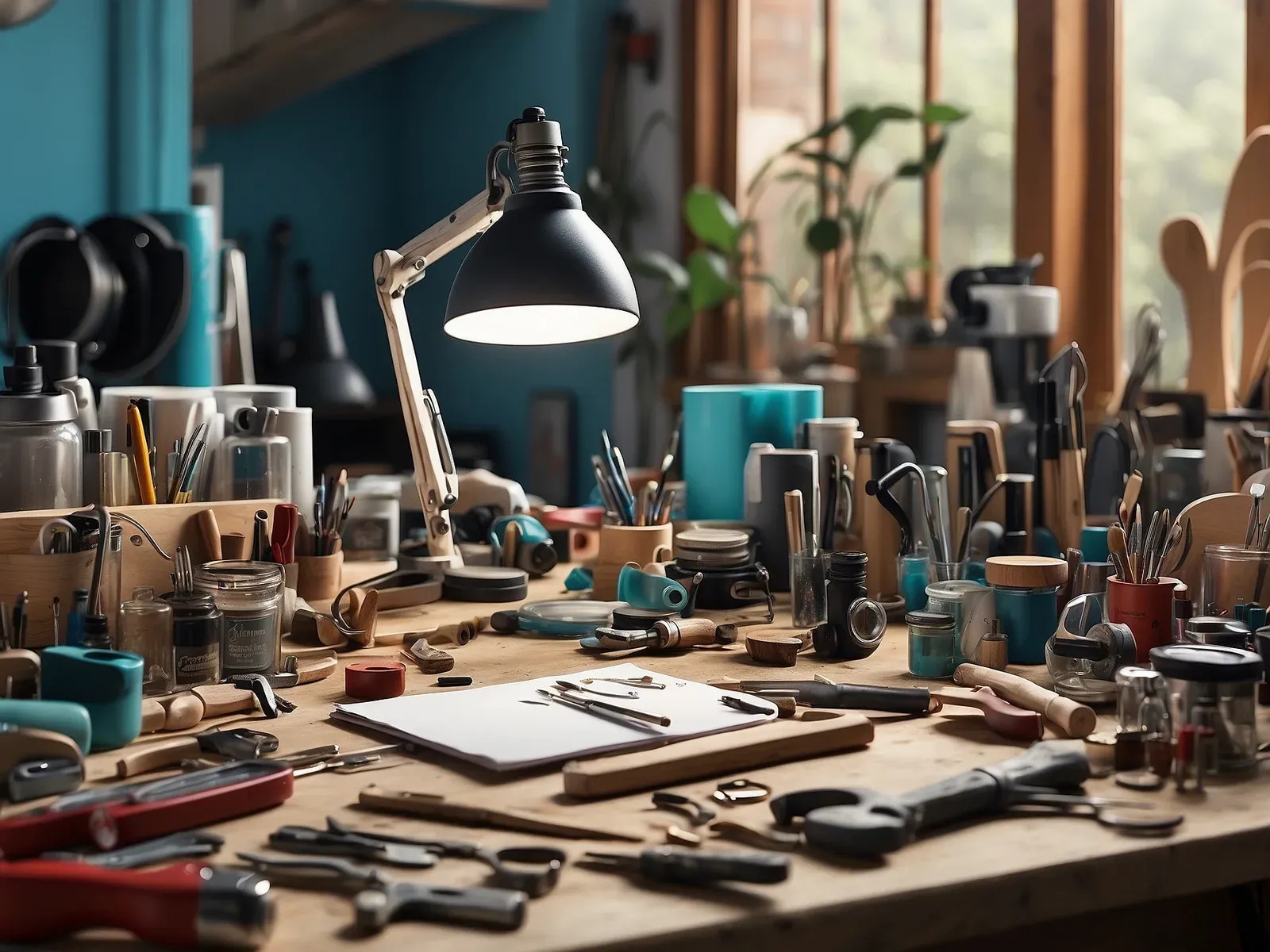 A creative workspace filled with tools and materials, illuminated by a desk lamp, symbolizing innovation and hands-on product development.