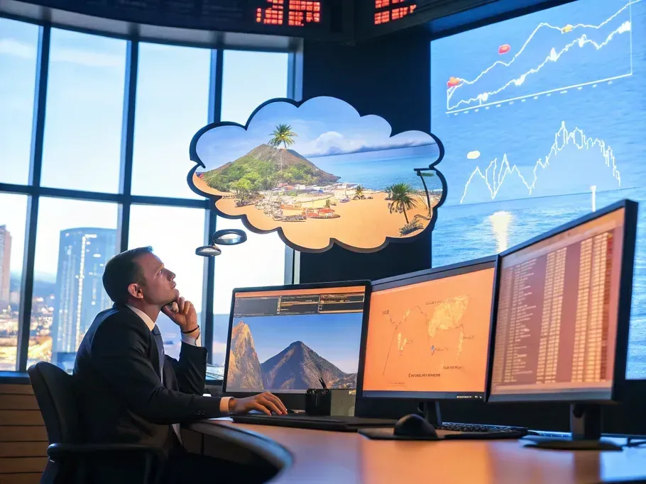 A businessman in a sharp suit at a desk with technology, lost in thought represented by a colorful thought bubble of diverse experiences.