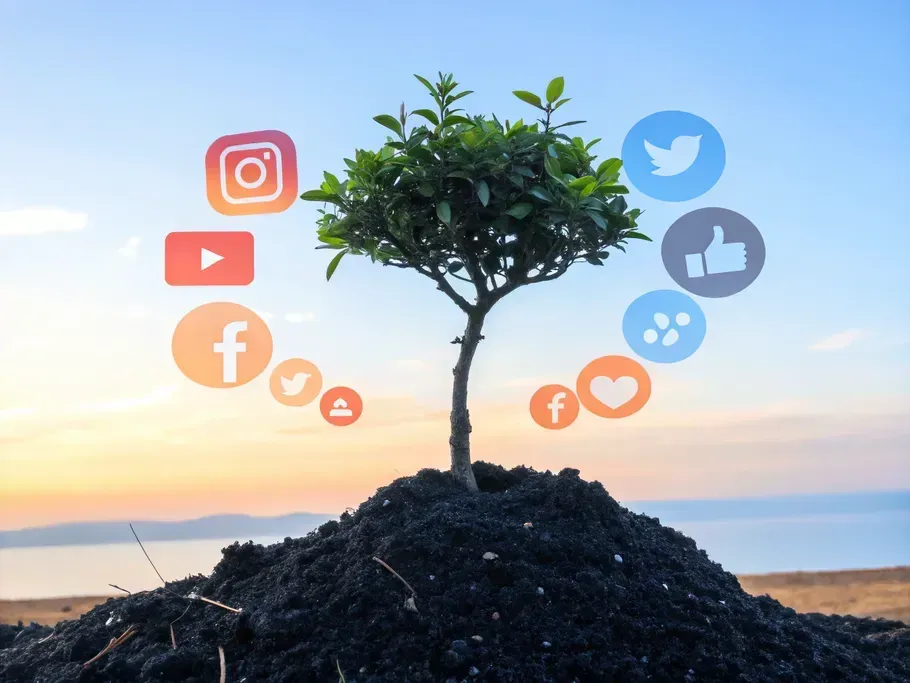 A small tree sprouting from dark soil, surrounded by social media icons, symbolizing growth in content reach through repurposing.
