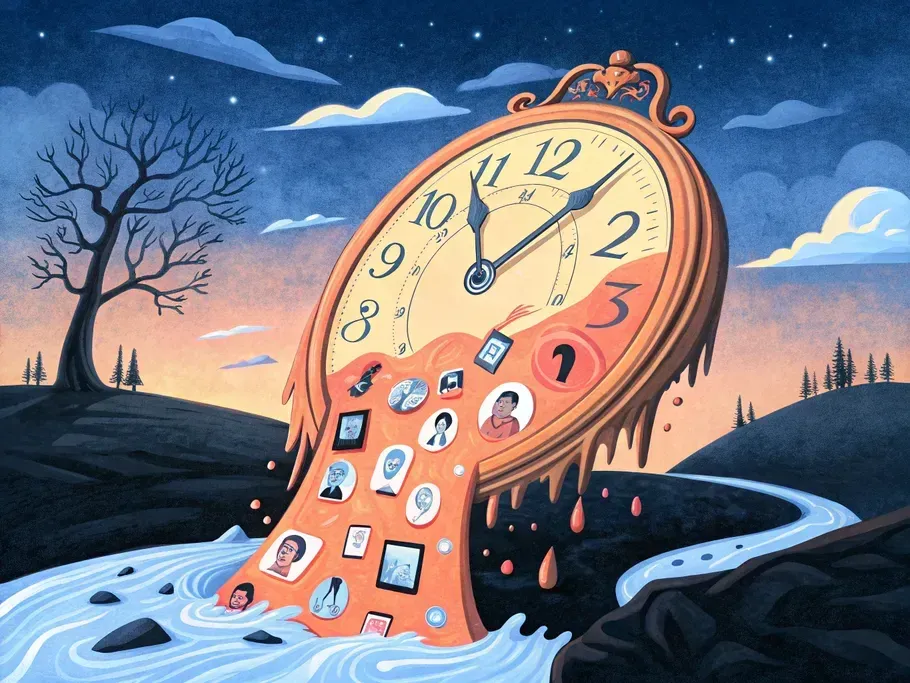 A surreal melting clock revealing tiny profile pictures, symbolizing decision fatigue in dating apps.