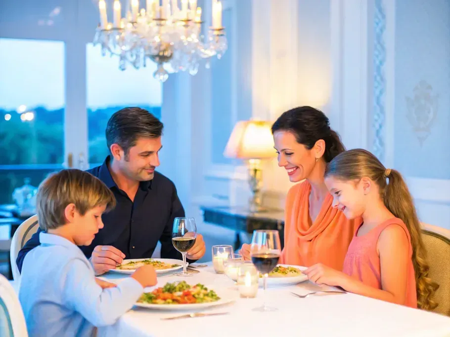 A family enjoying a gourmet meal at a dining table that blends home comfort with restaurant elegance.
