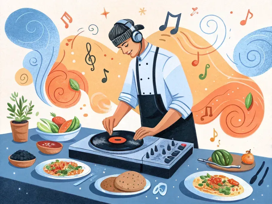 A whimsical chef wearing headphones stands at a turntable crafted from a kitchen stove, spinning gourmet plates instead of vinyl records, surrounded by colorful musical notes and culinary ingredients.