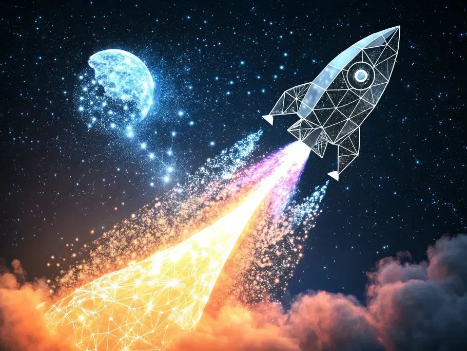 An abstract rocket ship soaring through a starry night sky, symbolizing ambition and growth.