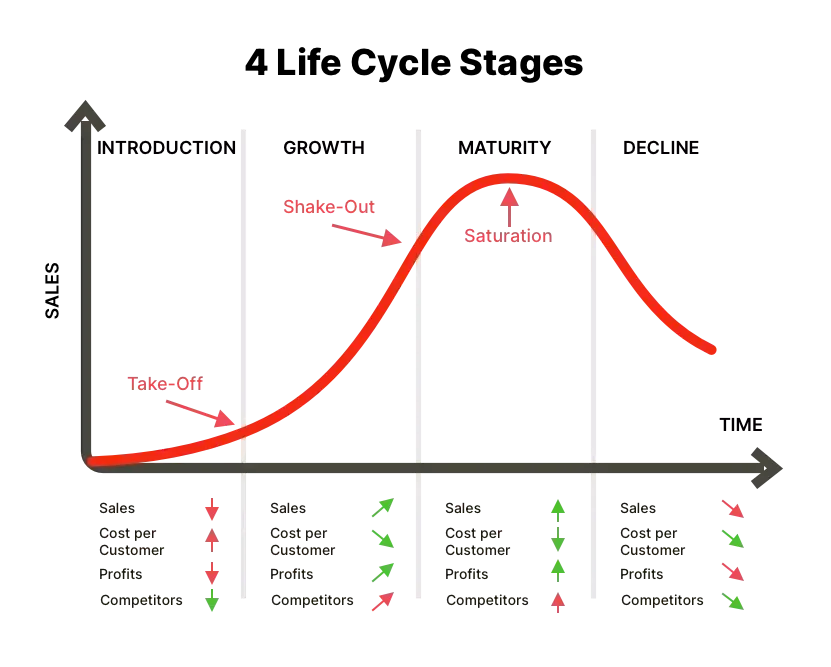 Graphical representation of the four life cycle stages of a product, featuring introduction, growth, maturity, and decline phases.