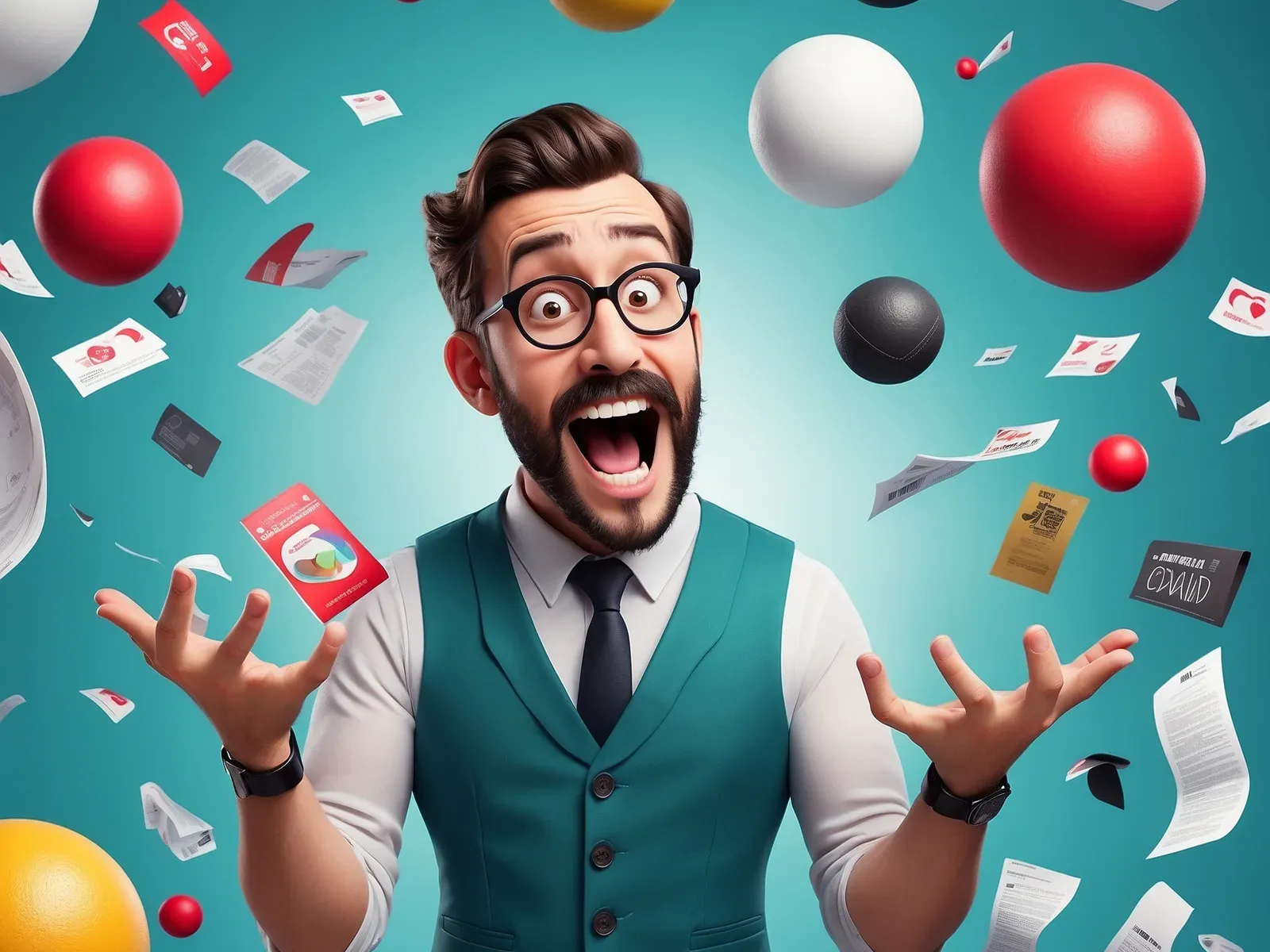 Solo entrepreneur excitedly juggling various business elements including a credit card, brand logos, and documents, symbolizing brand consistency and multitasking