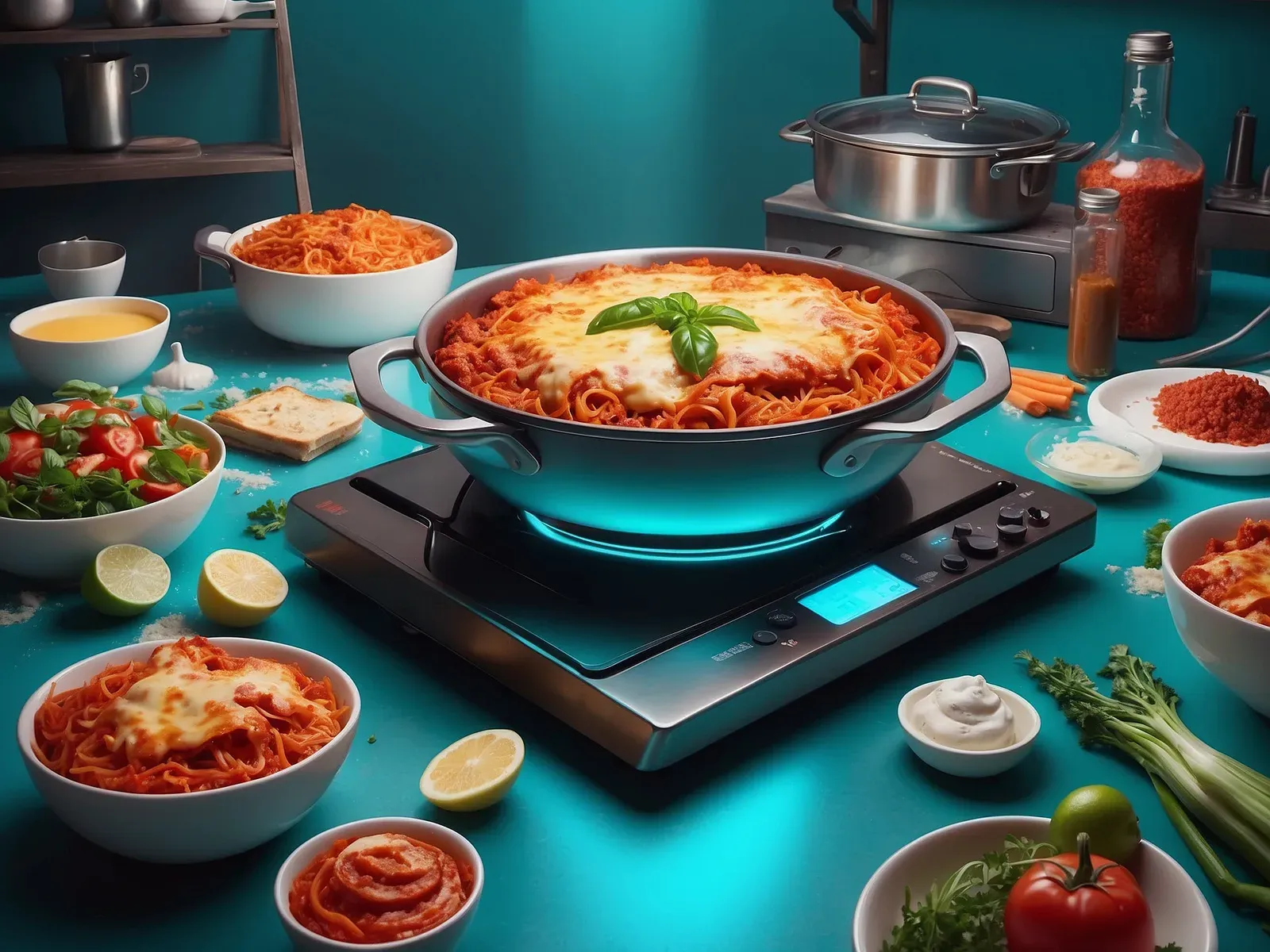 Surreal kitchen scene with a large, delicious lasagna in a cooking pot surrounded by ingredients
