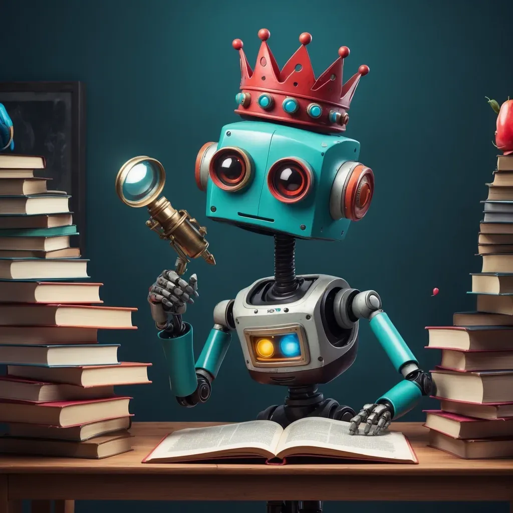 Colorful robot with a crown and magnifying glass analyzing books, representing the complexity of SEO