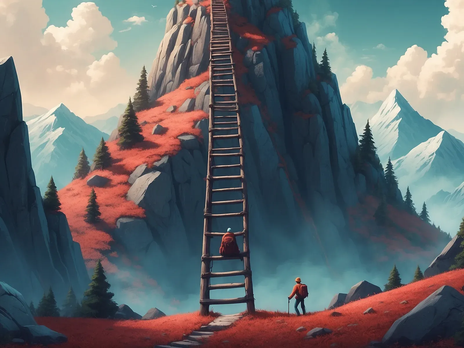 Illustration of two people ascending a steep mountain using a long ladder towards a castle on the summit, under a large moon